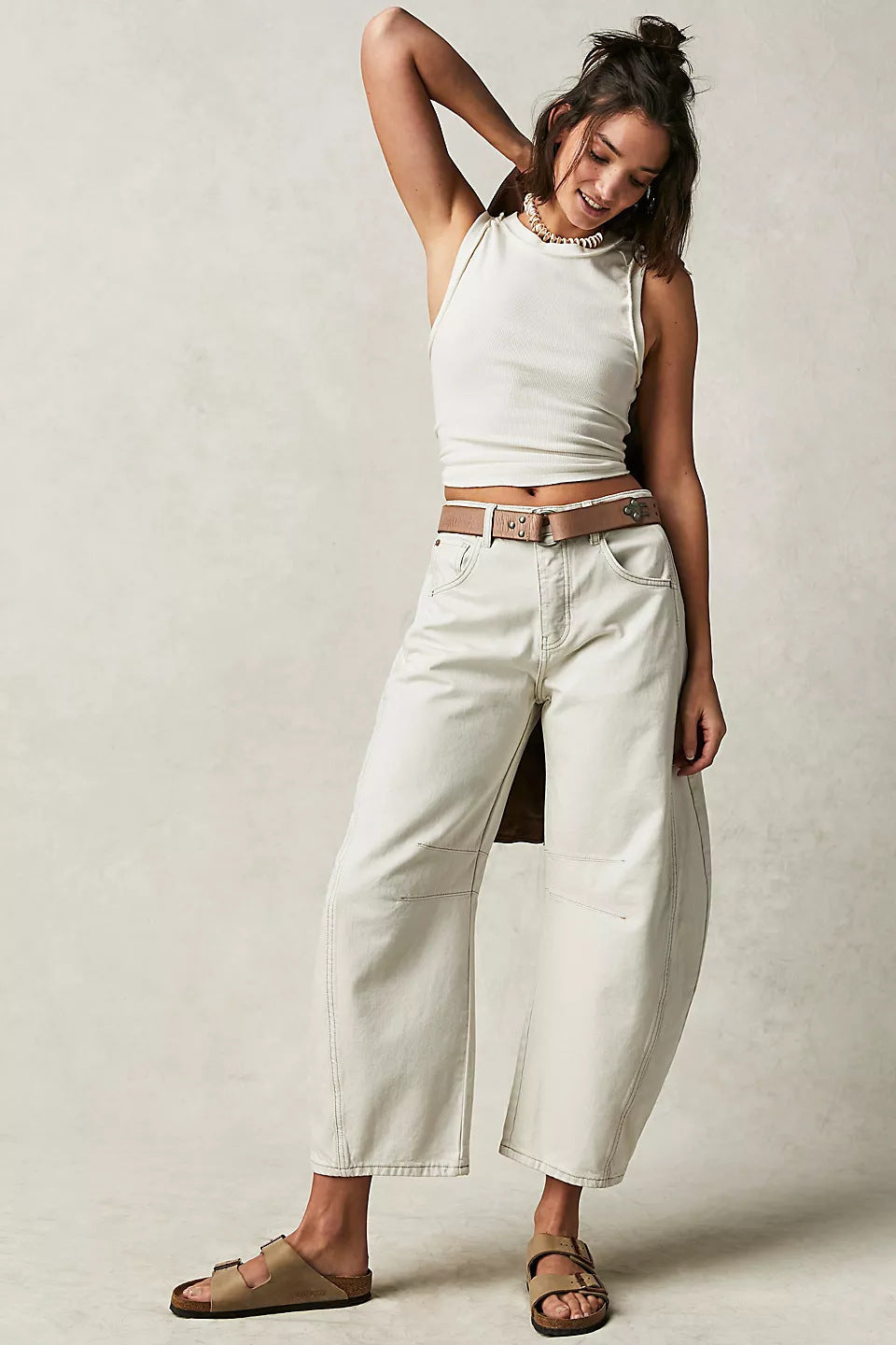 Women's High Stretch Barrel Jeans - Mid-Rise Wide Leg Casual Baggy Denim