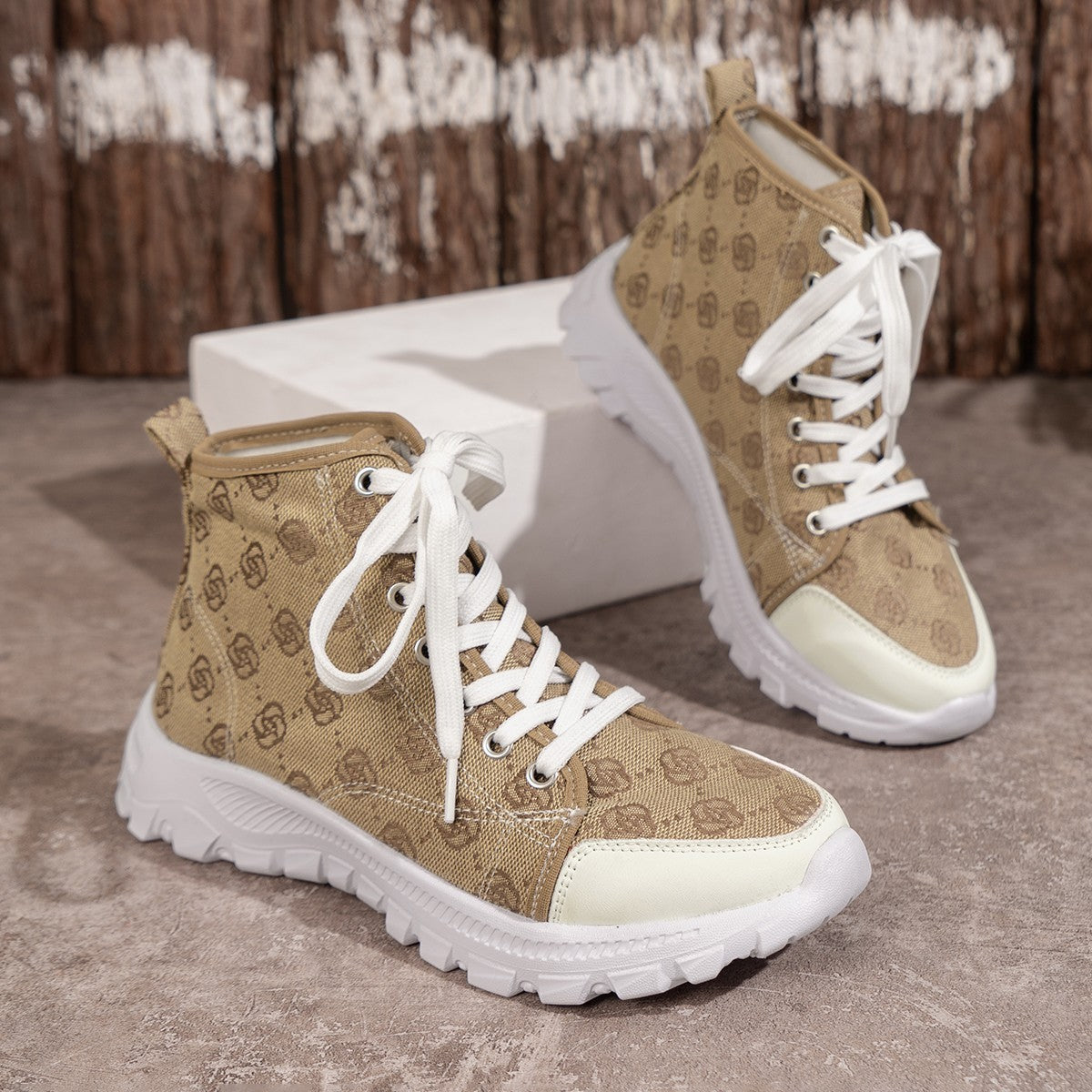 Women's Rose Print Lace-Up Canvas Boots – Breathable Non-Slip Thick Sole Casual Shoes