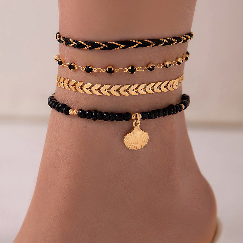 4-Piece Bohemian Woven Rope Anklet Set – Geometric Alloy & Black Beads for Men and Women