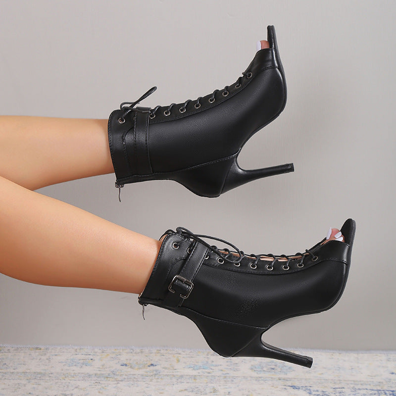 Women's Peep Toe High Heel Sandals – Lace-Up Buckle Pumps with Back Zipper