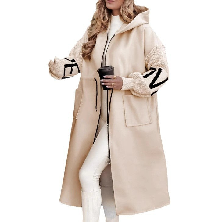 Women's Hooded Windbreaker Long Jacket - Pockets, Drawstring & Knit-Sleeved Trench Coat for Fall & Winter