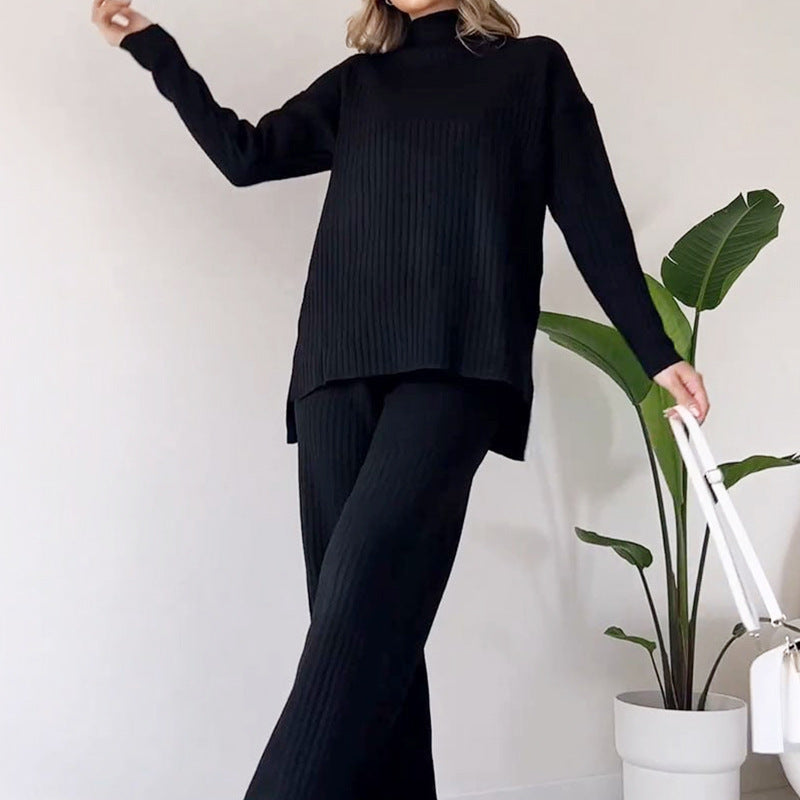 Women's Turtleneck Knitted Set - Loose Long Sleeve Top & Straight Trousers, Casual Solid Outfit