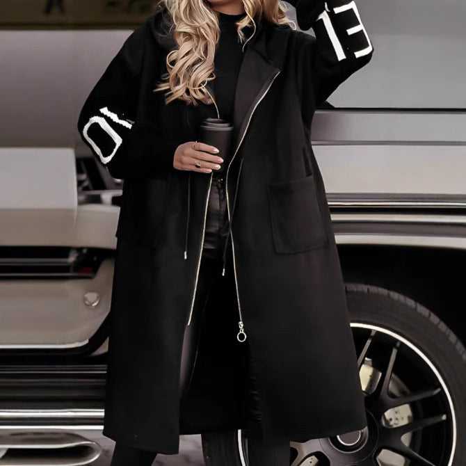 Women's Hooded Windbreaker Long Jacket - Pockets, Drawstring & Knit-Sleeved Trench Coat for Fall & Winter