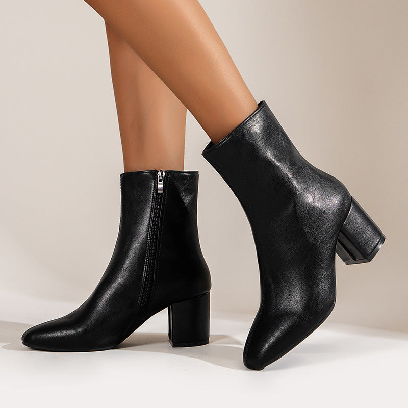 Women's Chunky Heel Pointed Toe Mid-Calf Boots – Side Zipper Fashion Shoes