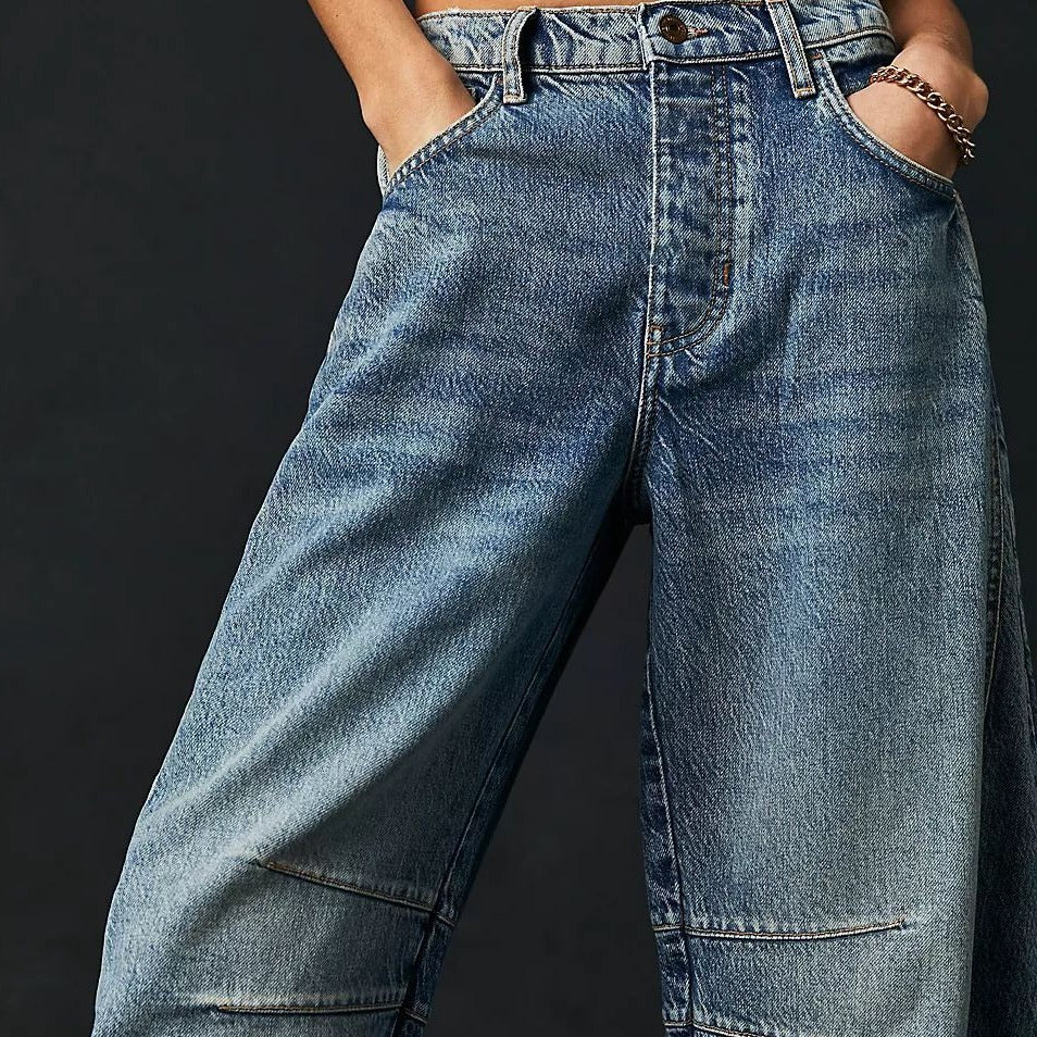 Women's High Stretch Barrel Jeans - Mid-Rise Wide Leg Casual Baggy Denim