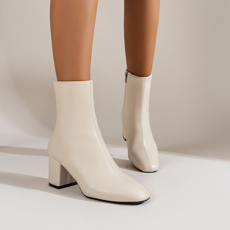 Women's Chunky Heel Pointed Toe Mid-Calf Boots – Side Zipper Fashion Shoes