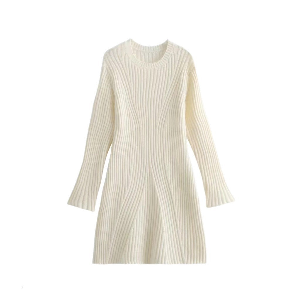Solid Ribbed Knitted Dress Fall And Winter Slim-fit