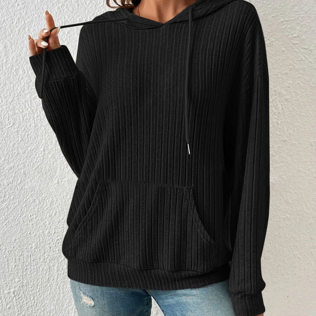 Drawstring Long-sleeved Hooded Sweatshirt With Pocket