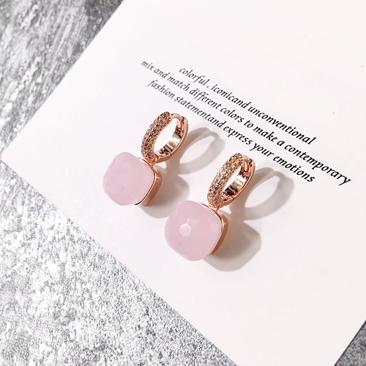 Women's Candy Color Earrings - Platinum-Plated with Transparent Zircon Crystals