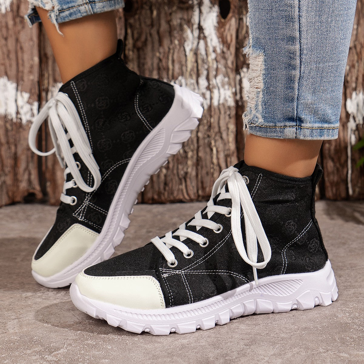 Women's Rose Print Lace-Up Canvas Boots – Breathable Non-Slip Thick Sole Casual Shoes