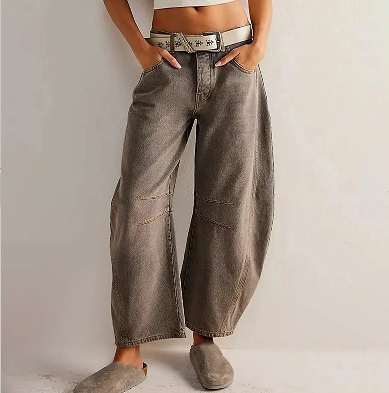 Women's High Stretch Barrel Jeans - Mid-Rise Wide Leg Casual Baggy Denim