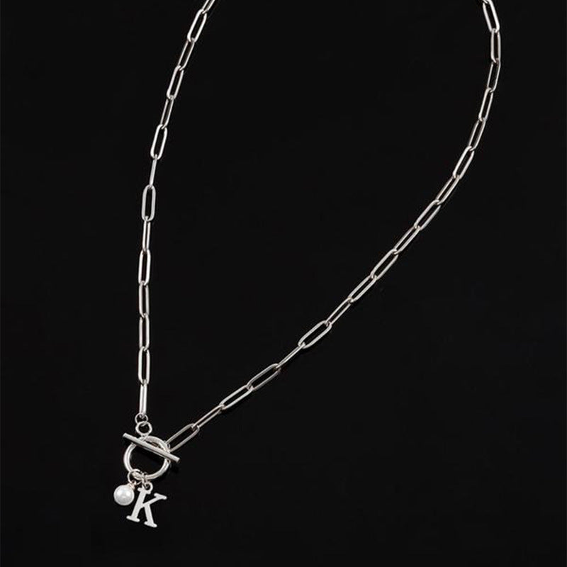 26 English Letter Necklace - Stainless Steel Clip Chain with Imitation Pearl Pendant for Women & Men