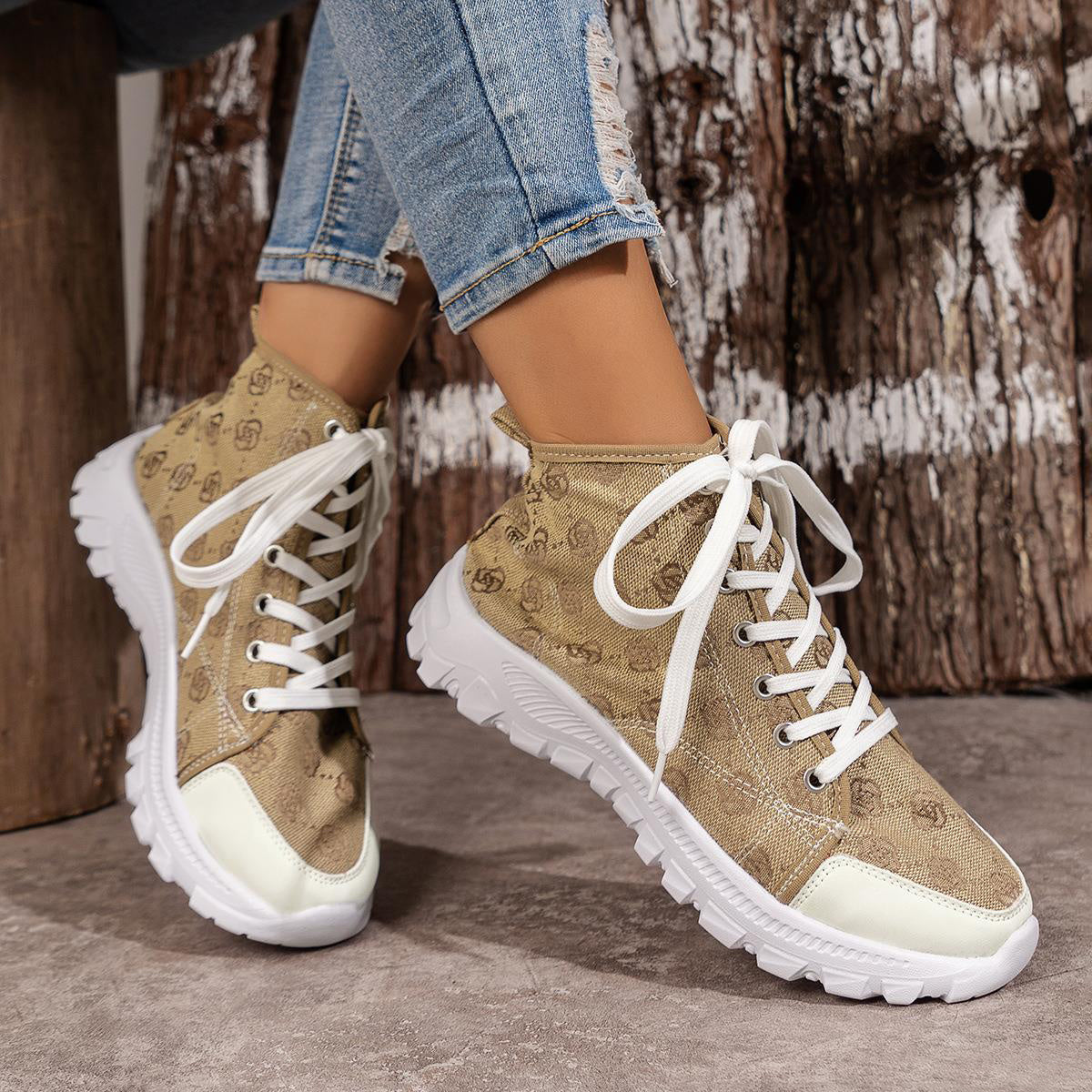 Women's Rose Print Lace-Up Canvas Boots – Breathable Non-Slip Thick Sole Casual Shoes