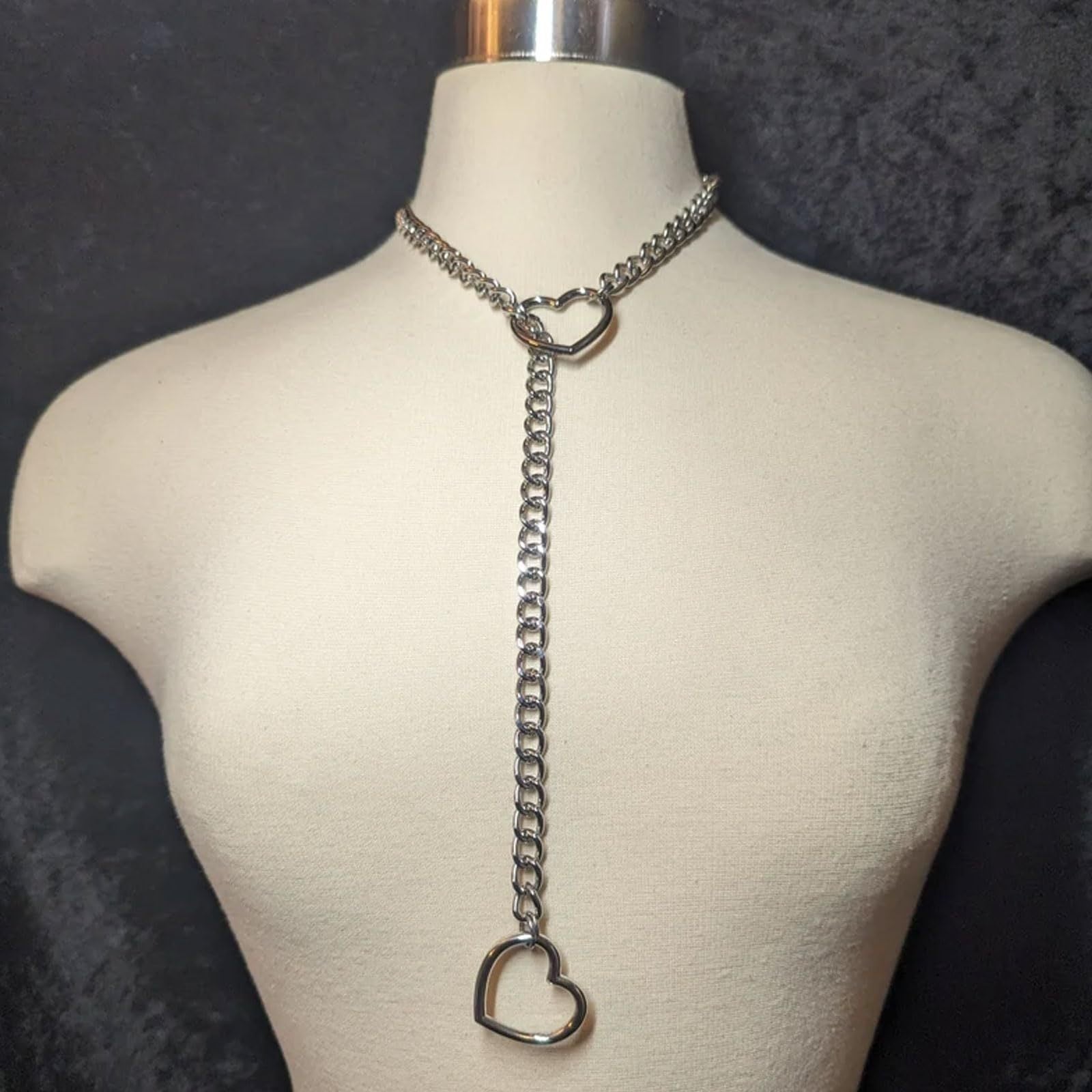 Stainless Steel Lariat Heart Necklace | Heavy Ring Cuban Long Chain Punk Rock Slipchain Choker Collar for Women & Men