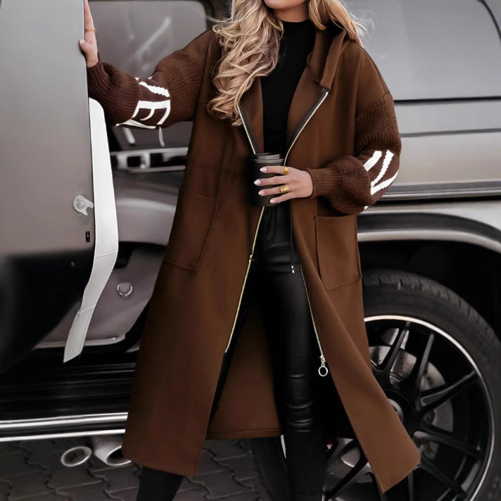 Women's Hooded Windbreaker Long Jacket - Pockets, Drawstring & Knit-Sleeved Trench Coat for Fall & Winter