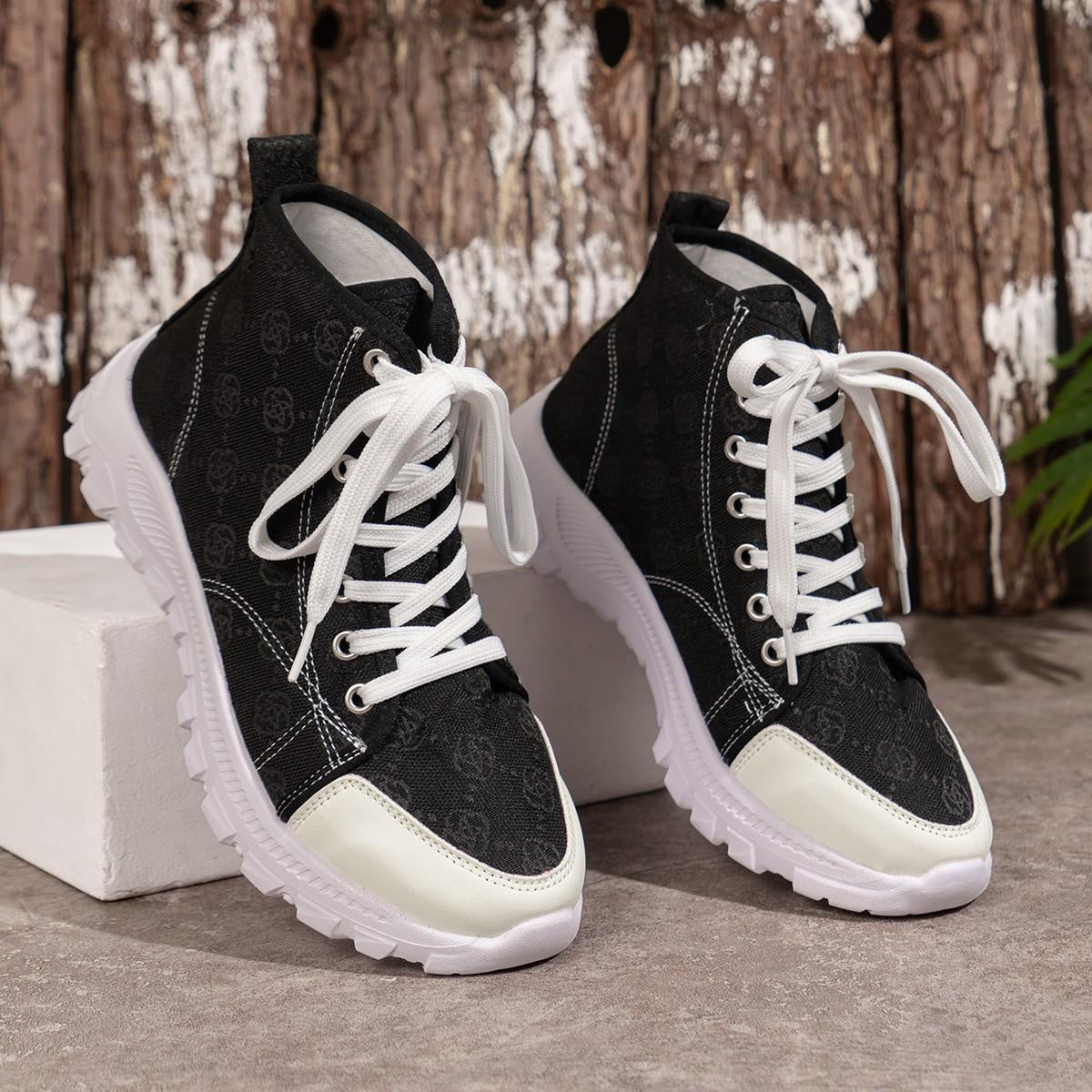 Women's Rose Print Lace-Up Canvas Boots – Breathable Non-Slip Thick Sole Casual Shoes