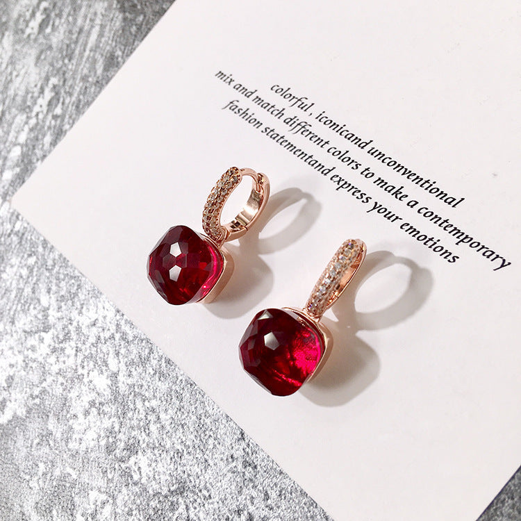 Women's Candy Color Earrings - Platinum-Plated with Transparent Zircon Crystals