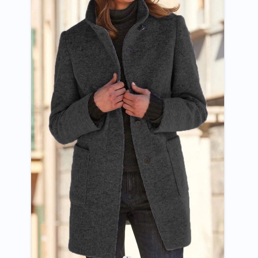Stand Collar Woolen Coat With Pockets Fall Winter