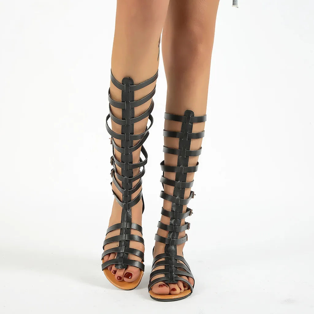 Women's Roman Gladiator Sandals – Open Toe Flat Boots with Buckle | Summer Hollow Out Shoes