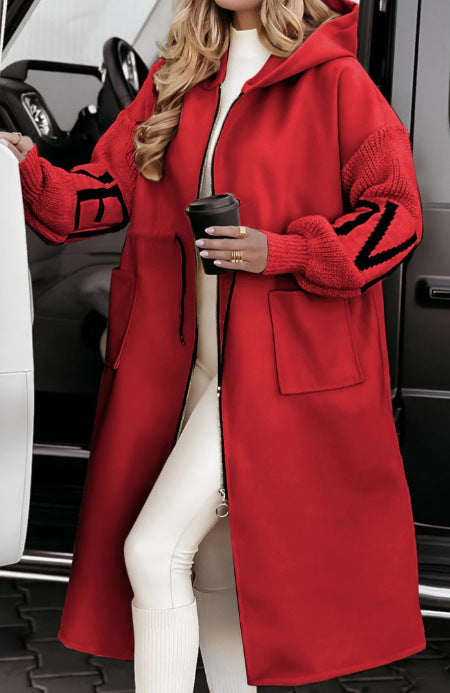 Women's Hooded Windbreaker Long Jacket - Pockets, Drawstring & Knit-Sleeved Trench Coat for Fall & Winter