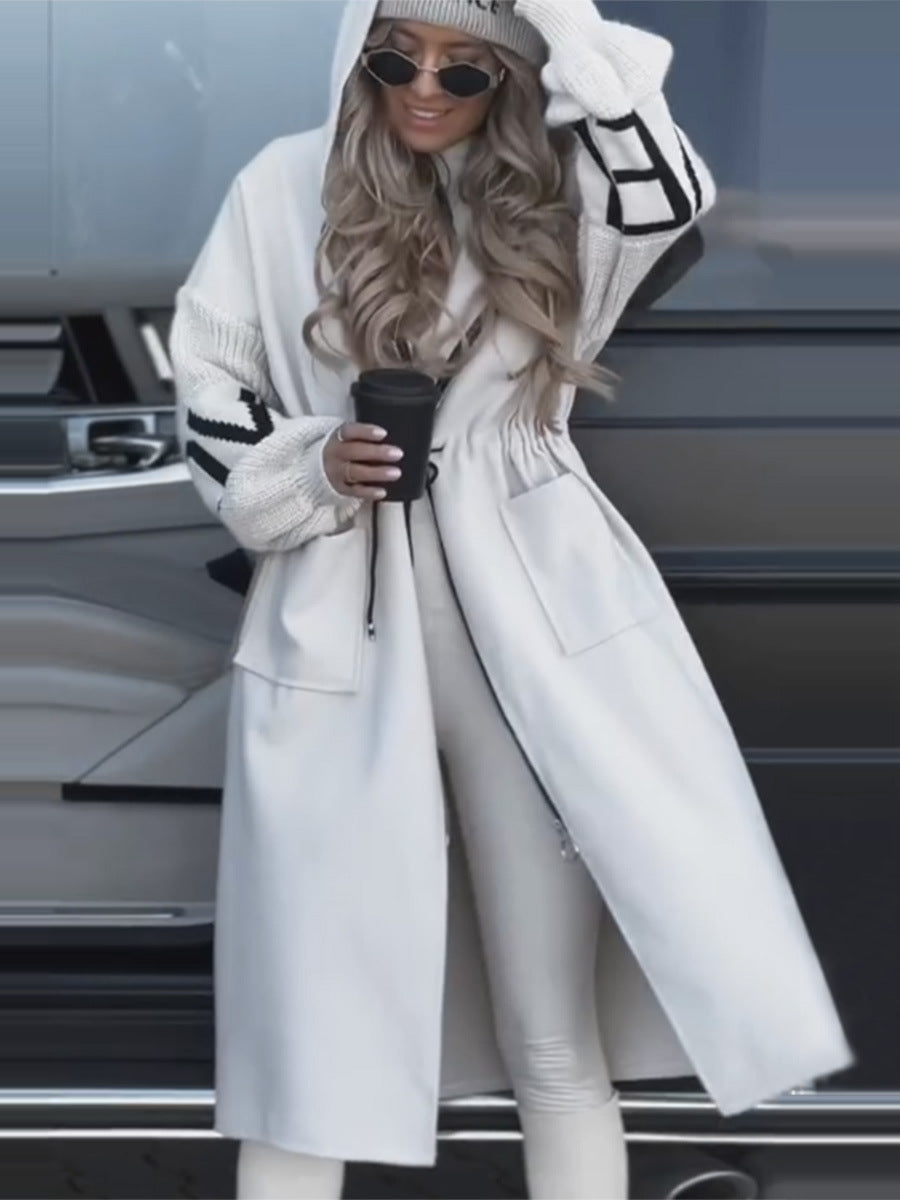 Women's Hooded Windbreaker Long Jacket - Pockets, Drawstring & Knit-Sleeved Trench Coat for Fall & Winter