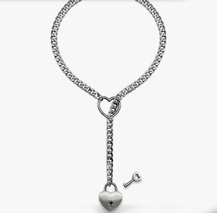 Stainless Steel Lariat Heart Necklace | Heavy Ring Cuban Long Chain Punk Rock Slipchain Choker Collar for Women & Men