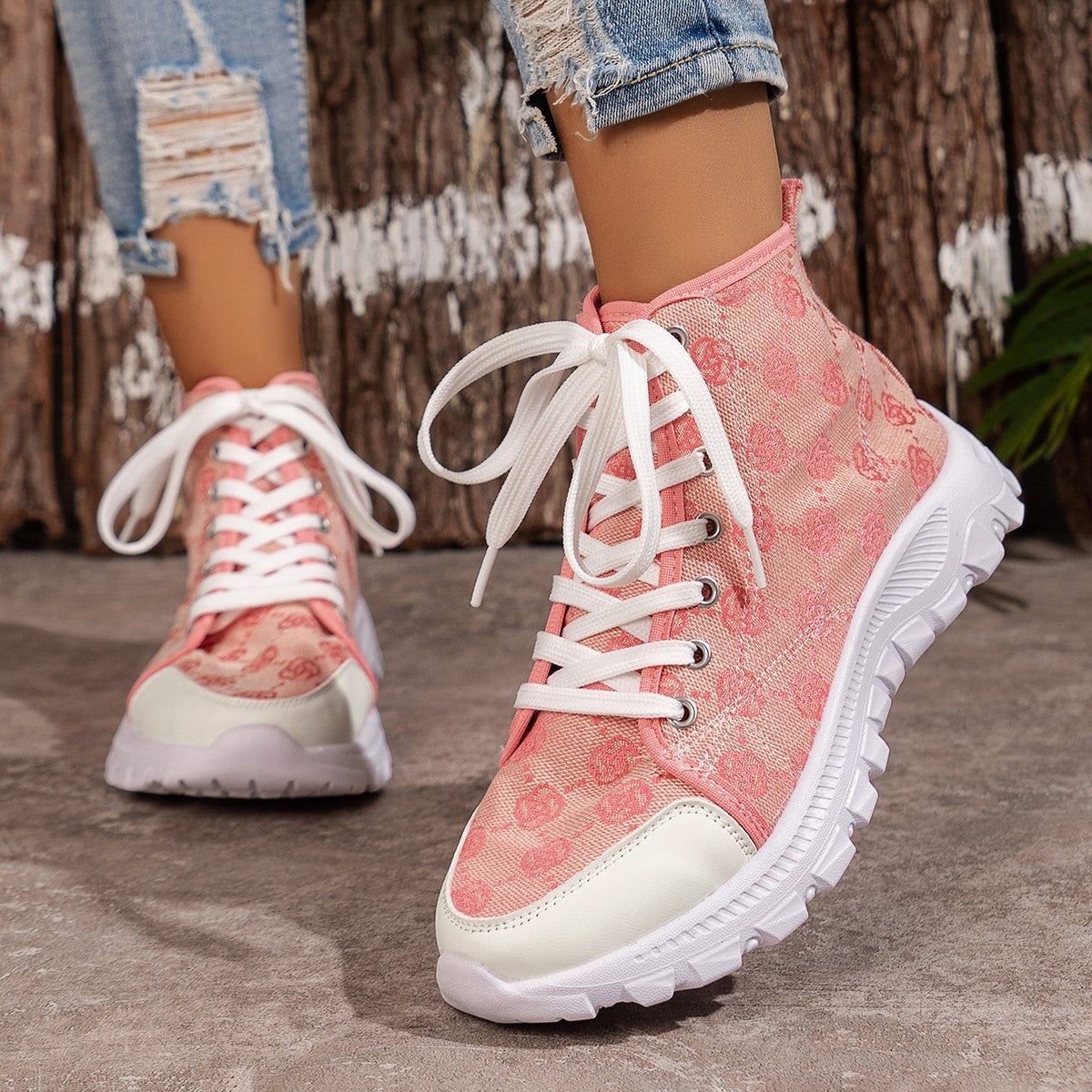 Women's Rose Print Lace-Up Canvas Boots – Breathable Non-Slip Thick Sole Casual Shoes