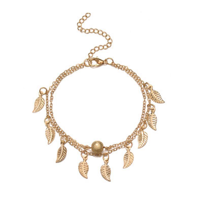 Double-Layer Anklet with Frosted Round Beads, Small Leaves & Tassels
