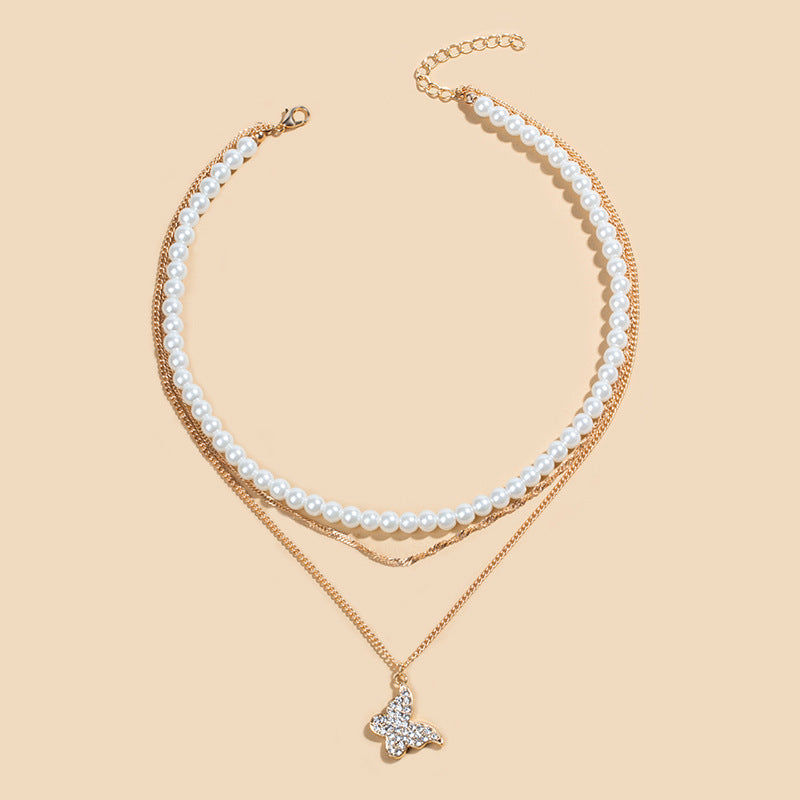 Women's Butterfly Pearl Pendant Necklace Set - Multi-Layer Shiny Party Jewelry Gift