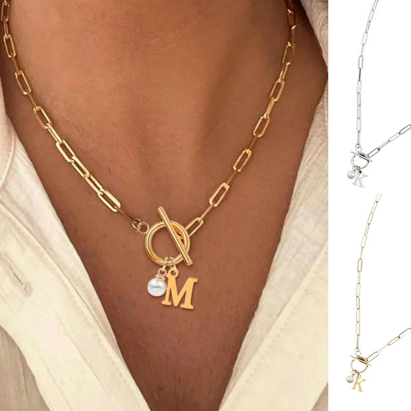26 English Letter Necklace - Stainless Steel Clip Chain with Imitation Pearl Pendant for Women & Men