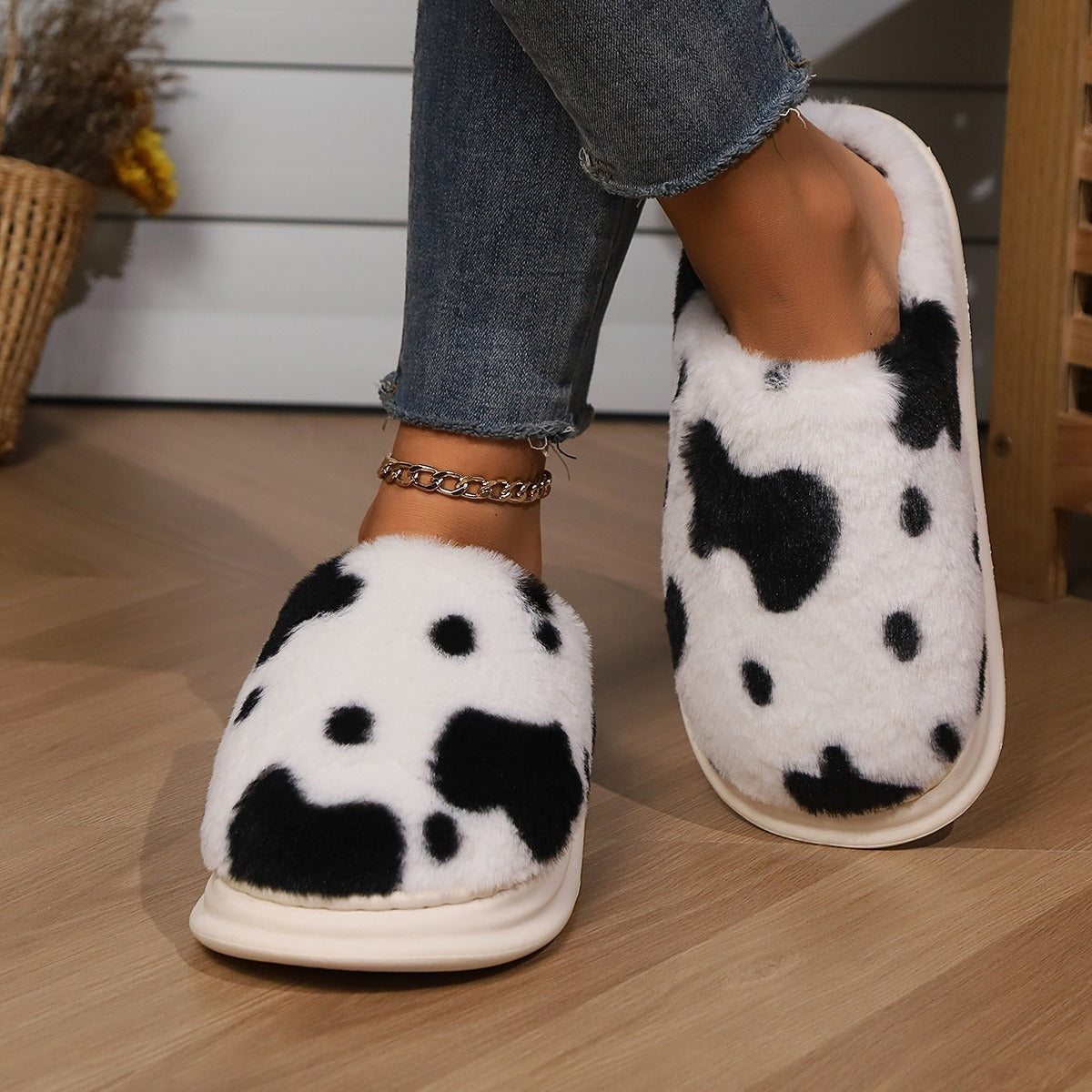 Cute Cow Spotted Plush Slippers Winter Warm Non-slip