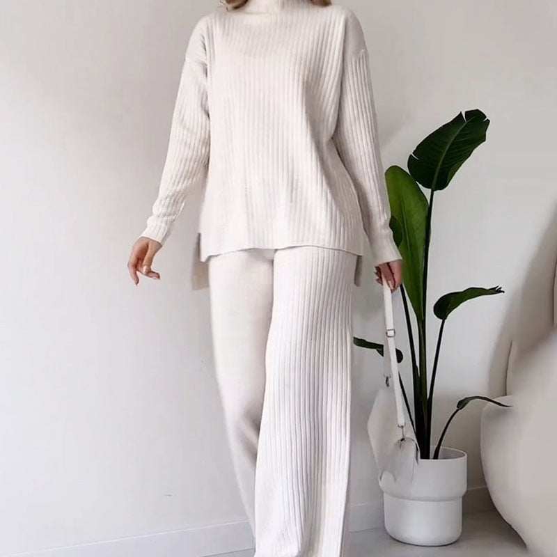 Women's Turtleneck Knitted Set - Loose Long Sleeve Top & Straight Trousers, Casual Solid Outfit
