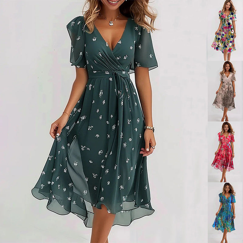 Chiffon Printed Short Sleeve Dress | Summer Elegant V-Neck Flowy Dresses for Women’s Fashion
