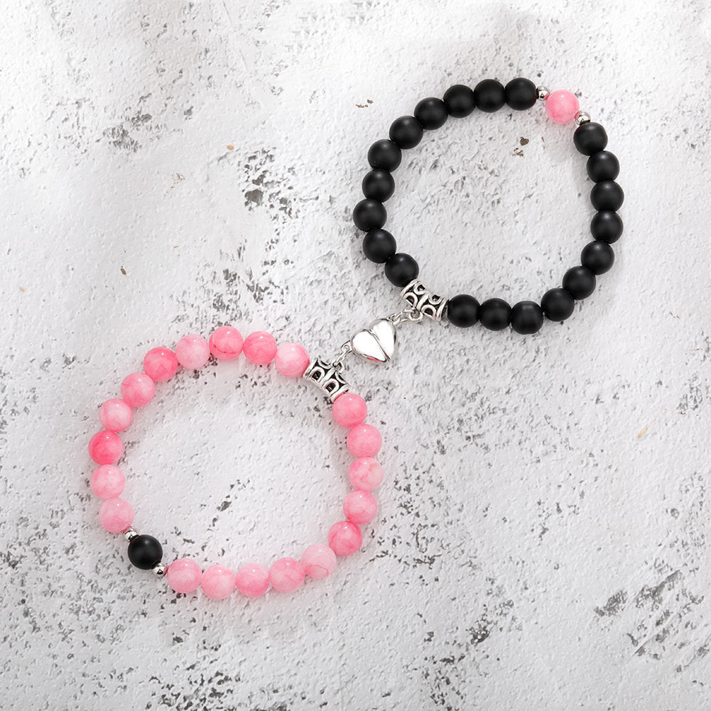 Magnetic Couple Bracelets with Heart Pendant - Natural Stone Distance Jewelry for Men & Women, Valentine's Day Gift