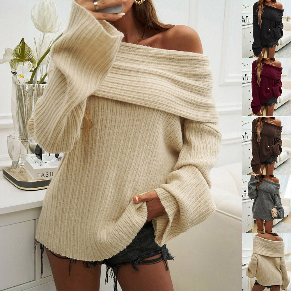 Women's Off-Shoulder Knitted Sweater - Loose Solid Pullover Long Sleeve Top