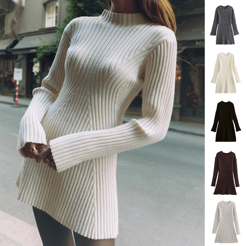 Solid Ribbed Knitted Dress Fall And Winter Slim-fit