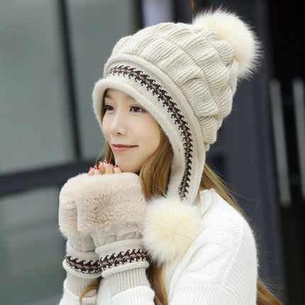 Cozy Knit Fleece-Feel Beanie With Ear Flaps & Pompom Warm Winter Hat