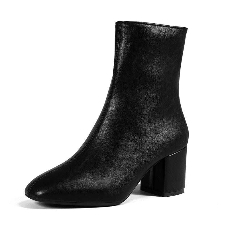 Women's Chunky Heel Pointed Toe Mid-Calf Boots – Side Zipper Fashion Shoes