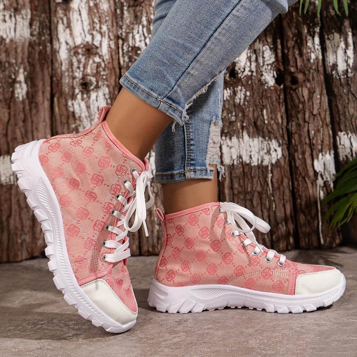 Women's Rose Print Lace-Up Canvas Boots – Breathable Non-Slip Thick Sole Casual Shoes