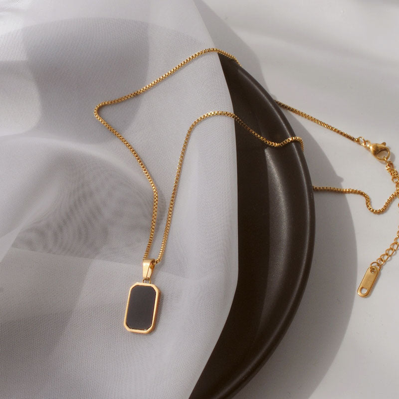 18K Gold Black Rectangular Pendant Necklace – Titanium Steel Unisex Non-Fading Jewelry