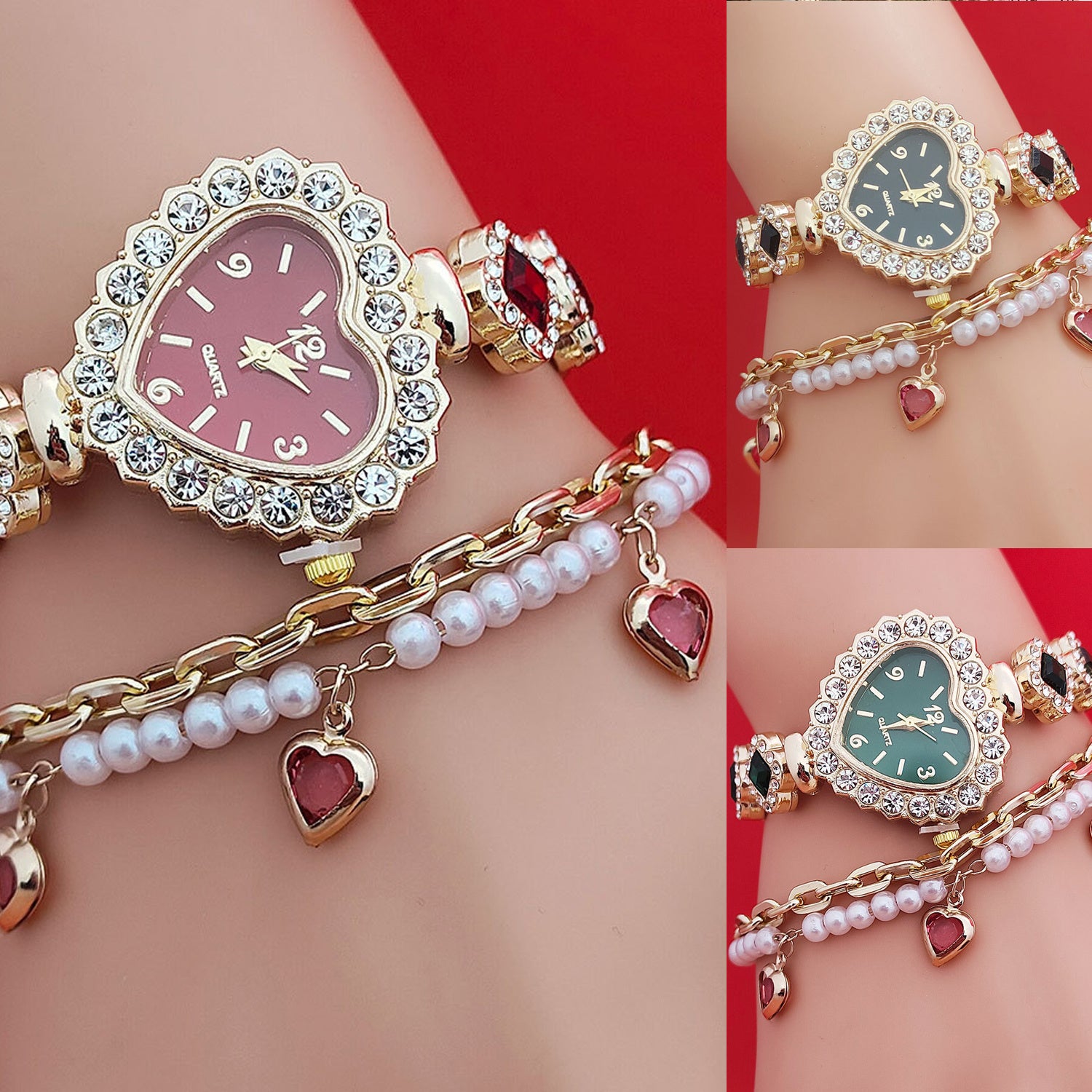 Fashion Love Heart Bracelet & Diamond Quartz Watch Set - Women's Valentine's Day Gift