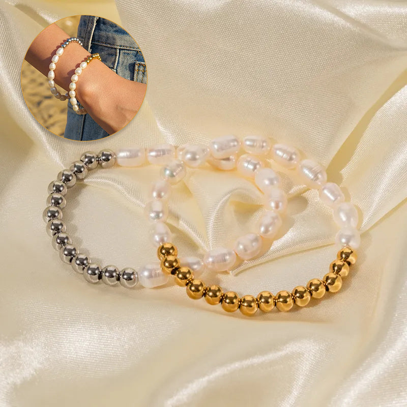 Margaux Freshwater Pearl Bracelet - Stainless Steel Round Bead, Gold & Silver, Waterproof Jewelry for Men & Women