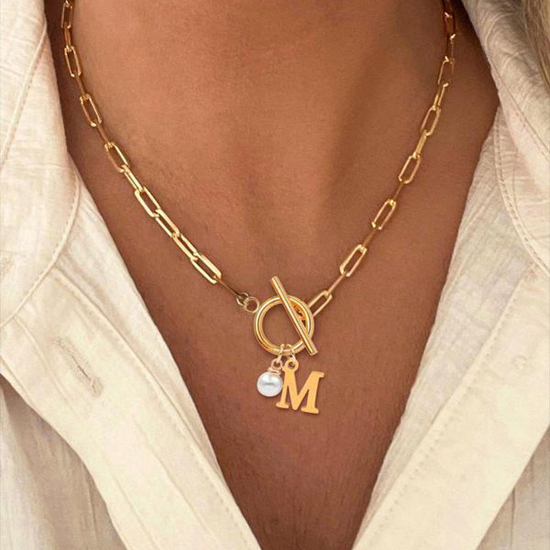 26 English Letter Necklace - Stainless Steel Clip Chain with Imitation Pearl Pendant for Women & Men