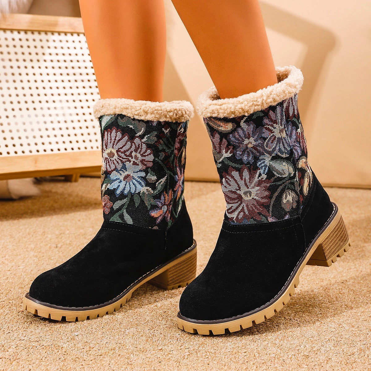 Embroidered Snow Boots Ethnic Style Platform Thick Square Heel