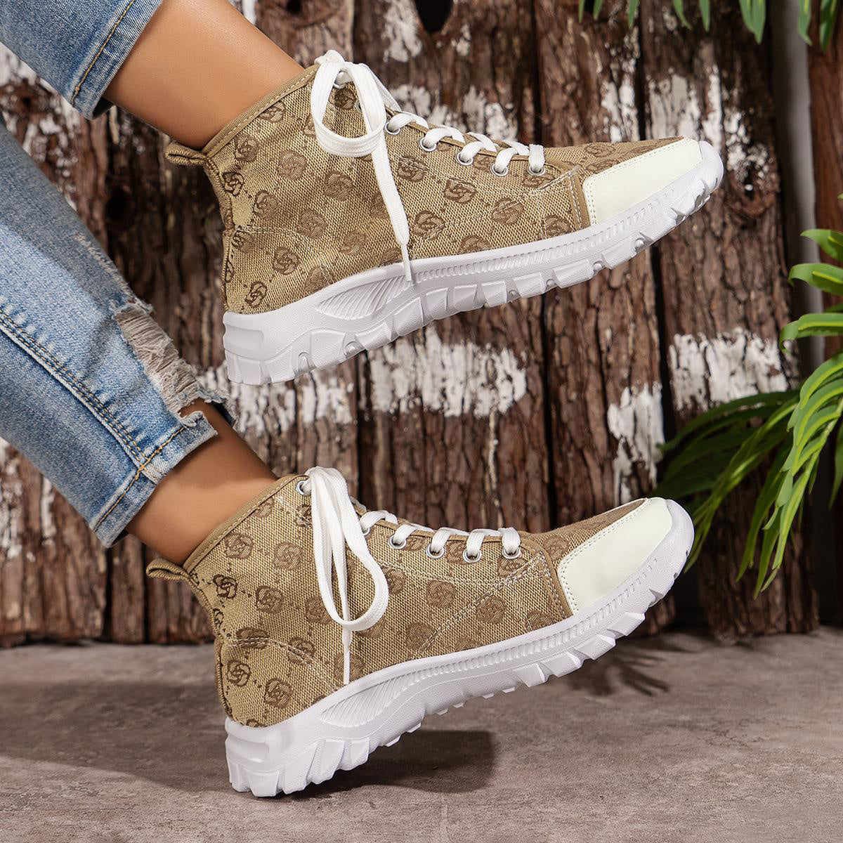 Women's Rose Print Lace-Up Canvas Boots – Breathable Non-Slip Thick Sole Casual Shoes
