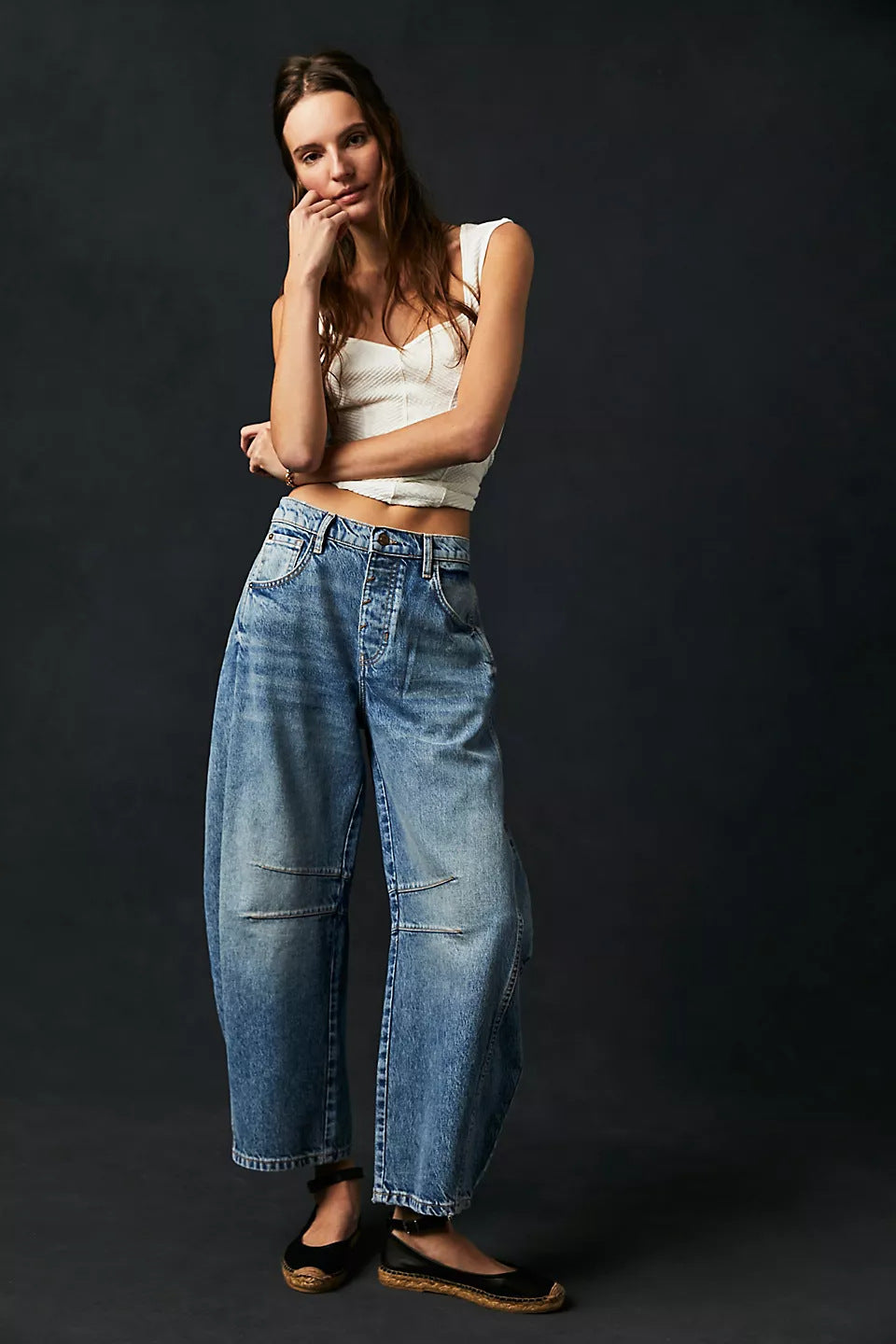 Women's High Stretch Barrel Jeans - Mid-Rise Wide Leg Casual Baggy Denim