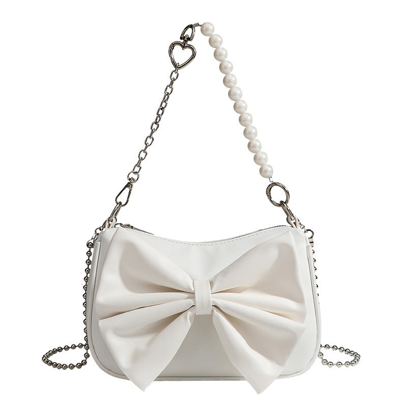 Women's PU Bow Handbag - Black & White Underarm Tote with Pearl Chain, Small Shoulder Purse