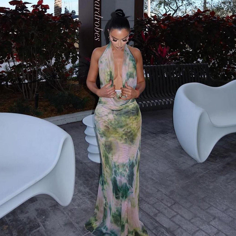 2pcs Tie-Dye Deep V-Neck Halter Backless Suit | Women's Fashion Beach Party Long Dress Set
