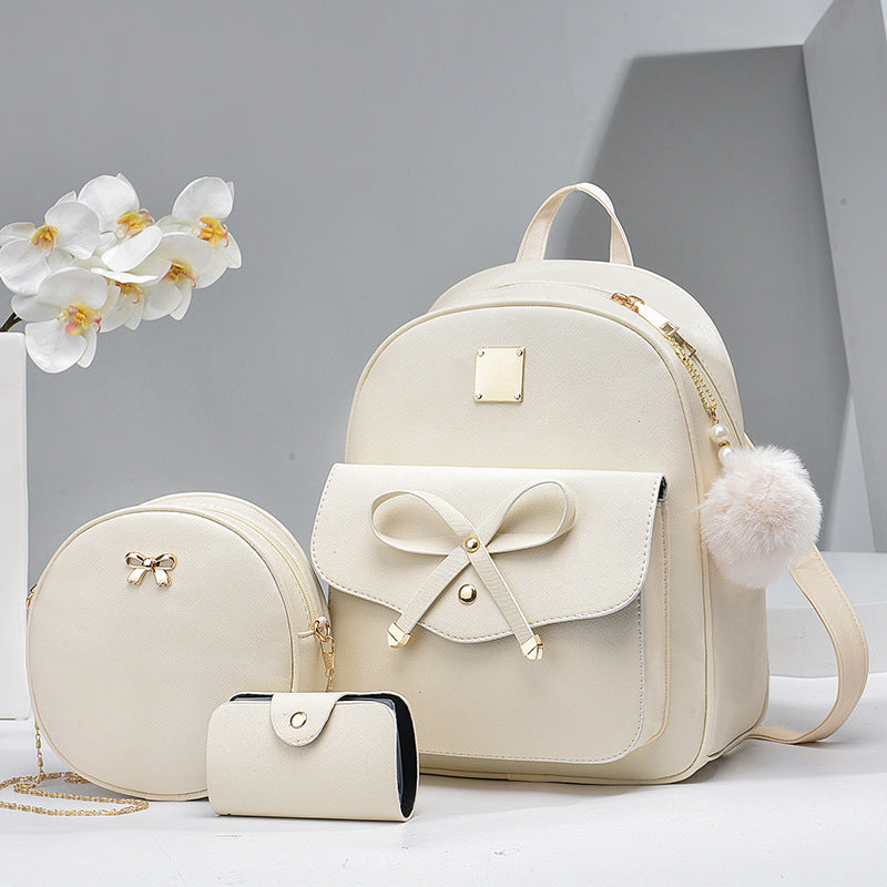 Fashion Women's PU Bow 3pcs Bag Set | Cute Backpack, Crossbody Bag & Coin Purse for Young Girls & Students