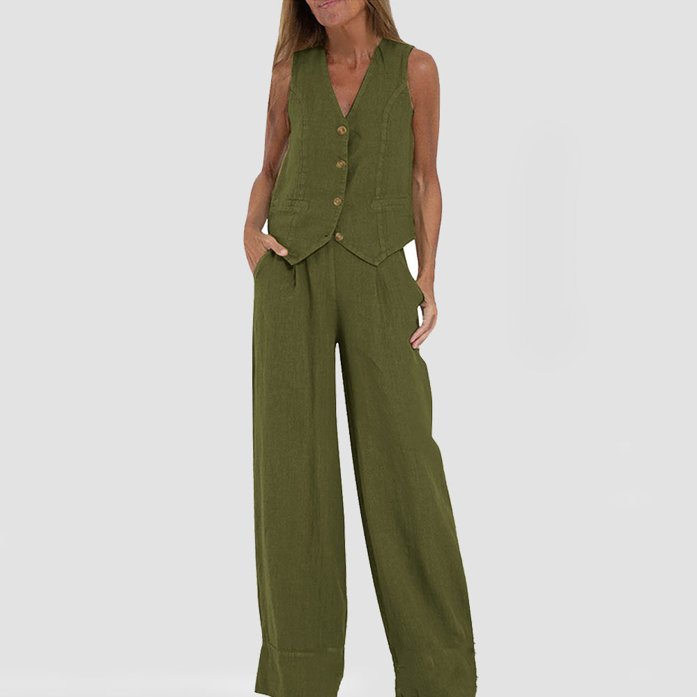 Vest Suits V-neck Sleeveless Top And Loose Straight Trousers